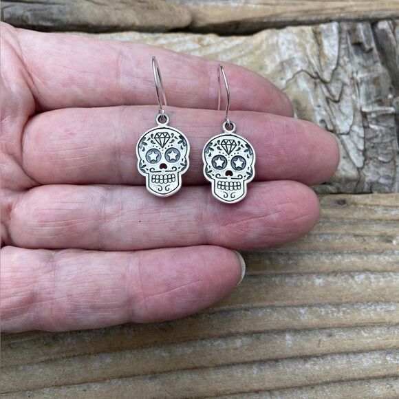 925 Sterling Silver Sugar Skull Earrings Day of the Dead Dangle Halloween NEW - Picture 8 of 9